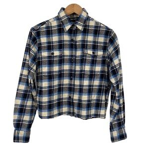 Sojara Button‎ Cropped Jacket Women Size Small Blue Sequin Star Flannel Plaid